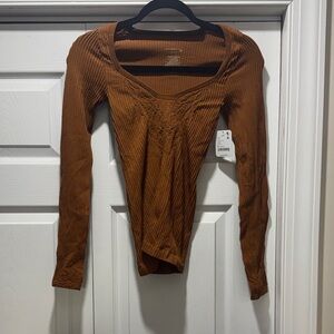 Free People Fitted Ribbed Long Sleeve Top in Rust Brown